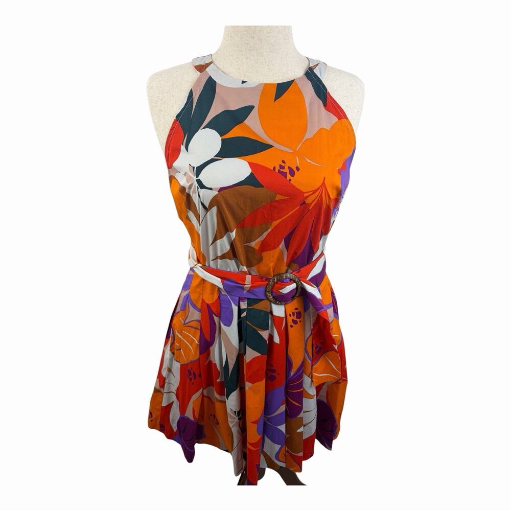 Donna Morgan Floral Halter Fit Flare Dress Size 14 Belted Tropical Print Midi